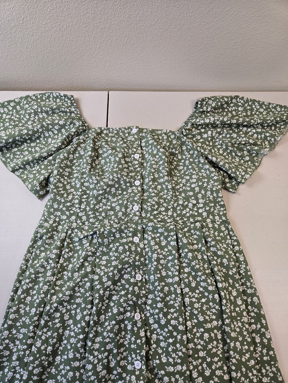 Green and Cream Floral Prairie Dress Shein 0X